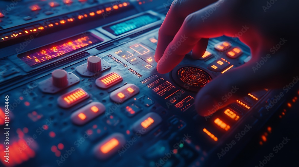 Obraz premium Macro shot of fingers gripping a textured dial on a control panel, vivid glowing displays casting soft light on the metallic surface, industrial background softly blurred,