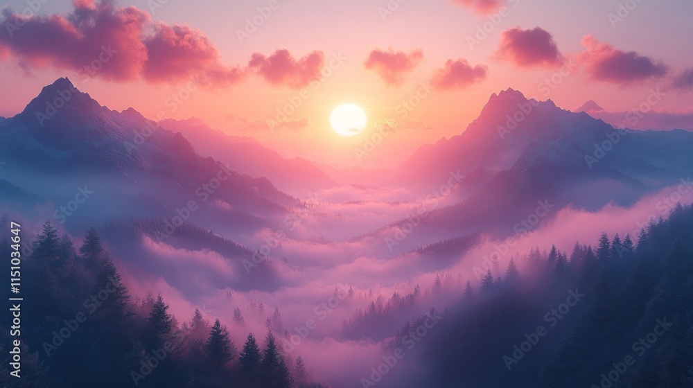Fototapeta premium Misty sunset mountains, pink sky, serene forest.