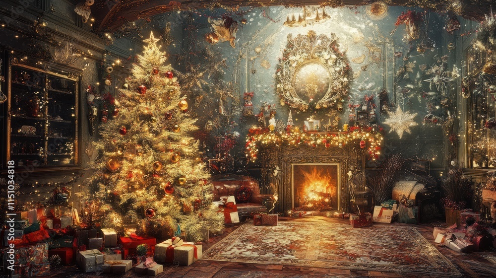 Fototapeta premium Christmas trees and fireplace in a living room