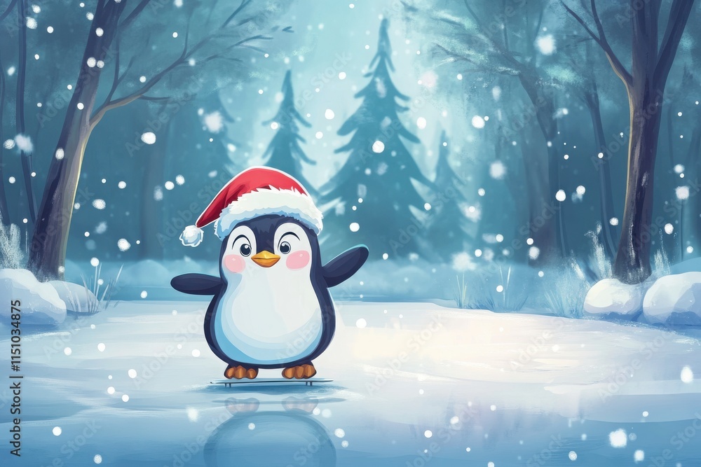 Cheerful penguin wearing red winter hat standing in snowy forest clearing with evergreen trees and falling snowflakes creating magical winter scene Cheerful penguin wearing red winter hat standing in snowy forest clearing with evergreen trees and falling snowflakes creating magical winter scene