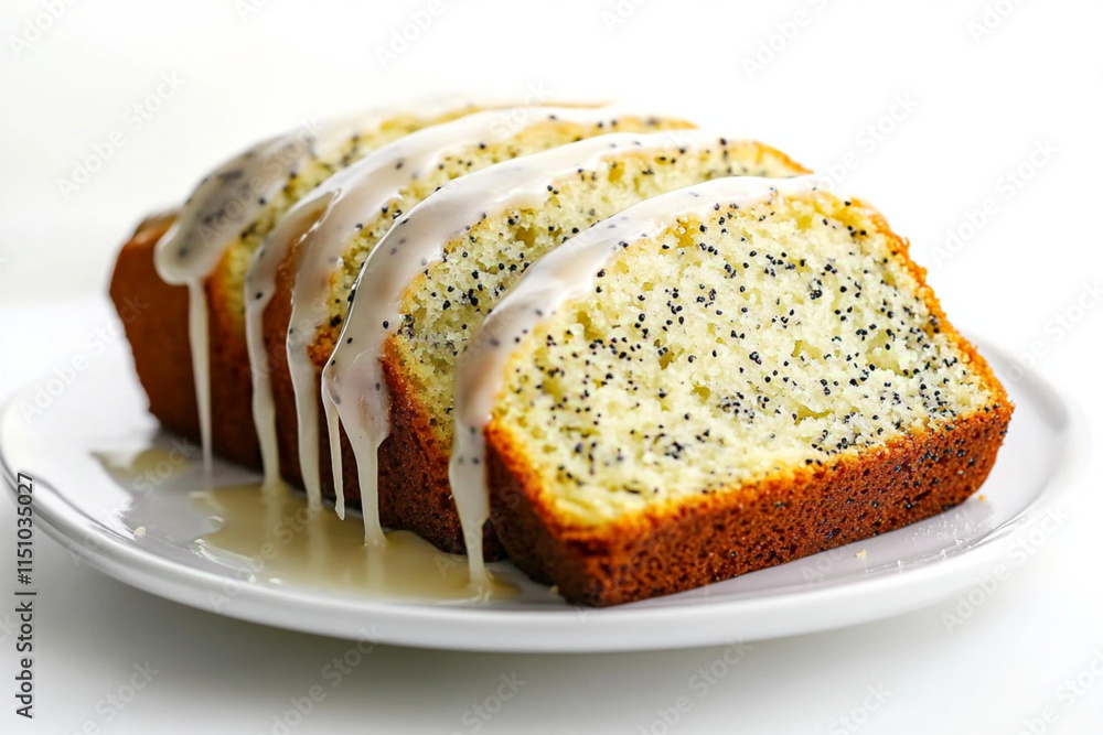 A slice of lemon poppy seed loaf with a drizzle of glaze, white background A slice of lemon poppy seed loaf with a drizzle of glaze, white background
