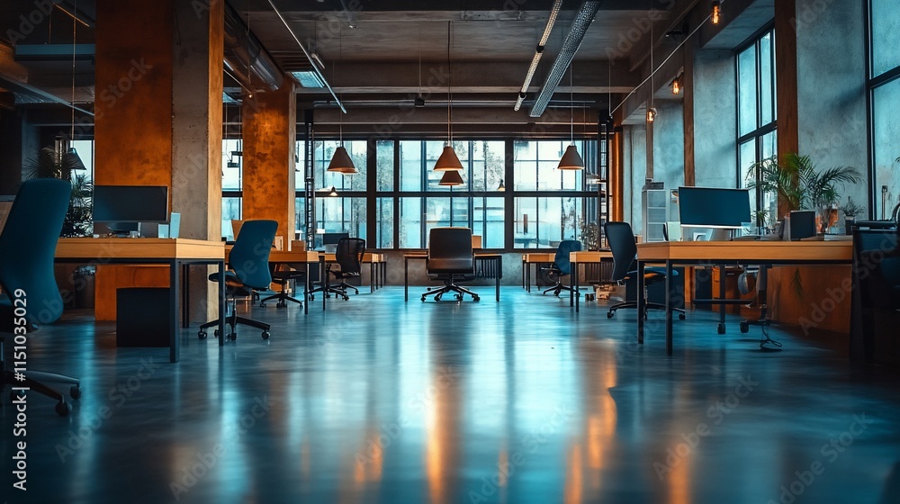 Fototapeta premium Modern office interior with desks, chairs, and large windows for a collaborative workspace.
