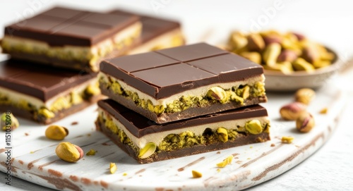 Chocolate layered dessert bars, pistachio nuts, creamy filling, rich dark chocolate coating, rustic white marble surface, elegant pastry photography, soft natural lighting, shallow depth of field, gou photo