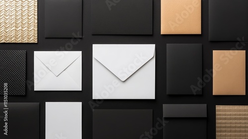 Wallpaper Mural Elegant Collection of Various Envelopes and Papers in Black and Gold Tones Arranged on a Dark Background for Stylish Stationery Use Torontodigital.ca