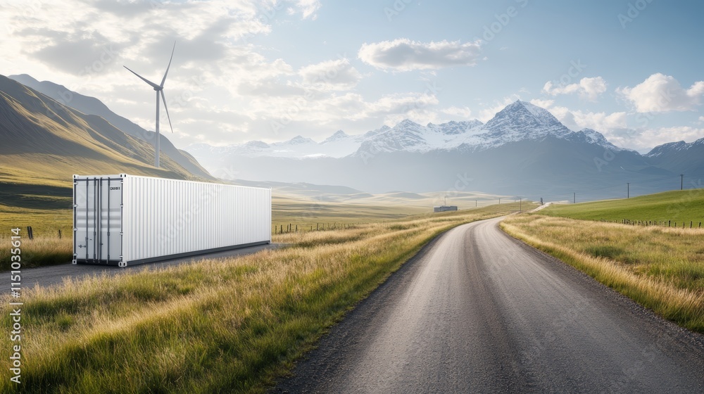 Truck on the road, a journey past majestic wind turbine towards sustainable future Truck on the road, a journey past majestic wind turbine towards sustainable future