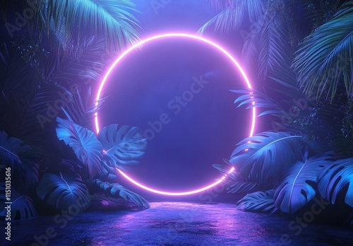 Glowing neon circle in tropical leaves.