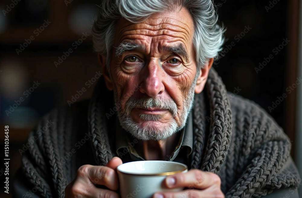 Sick gray-haired old man holds white mug with hot tea in her hands. Concept of season of colds, flu, diseases. Sick gray-haired old man holds white mug with hot tea in her hands. Concept of season of colds, flu, diseases.