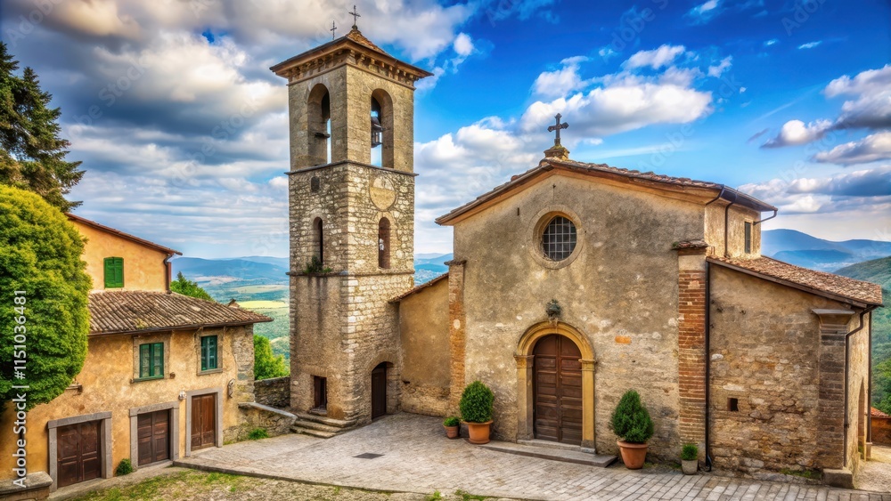 Fototapeta premium Medieval church with bell tower in quaint Italian village , medieval, church, Italian, village, architecture, historic