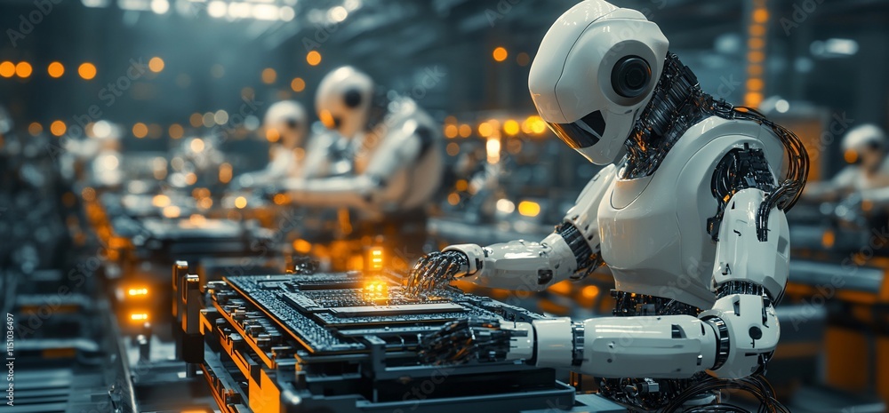 Robots assembling technology in a futuristic industrial setting. Robots assembling technology in a futuristic industrial setting.