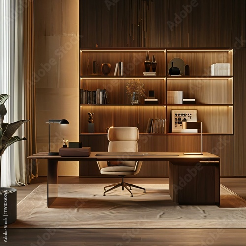 Modern office space sleek desk stylish armchair unique light fixtures bathed warm brown tones soft ambient glow photo