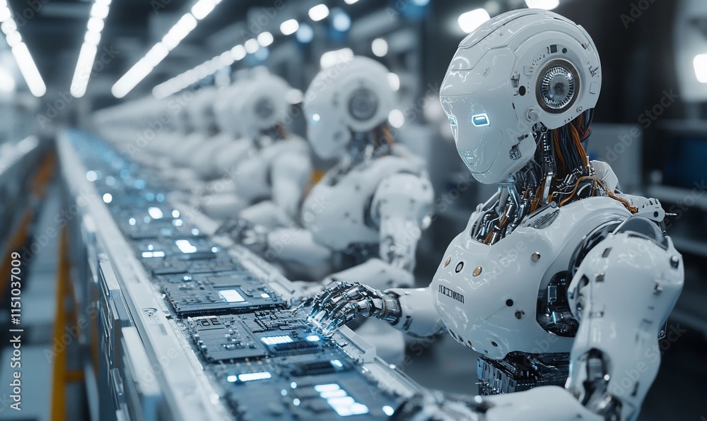 Fototapeta premium Robots assembling electronic components in a futuristic factory setting.