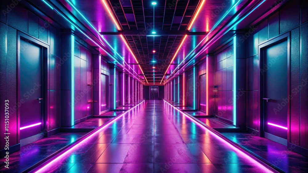 Fototapeta premium Cyberpunk pink neon hallway: long exposure captures glowing walls in a dark, AI-generated night scene.