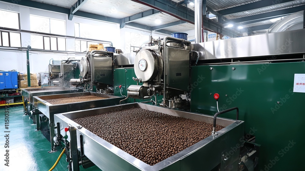 A very large industrial electric coffee roaster machine, designed for high-capacity roasting. The sleek and modern equipment stands alone, showcasing its professional-grade construction and technology A very large industrial electric coffee roaster machine, designed for high-capacity roasting. The sleek and modern equipment stands alone, showcasing its professional-grade construction and technology