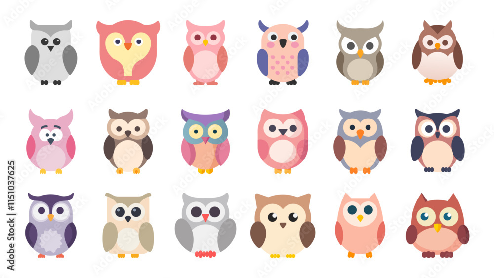 Owl bird Icons set collection flat vector design on isolated background Owl bird Icons set collection flat vector design on isolated background