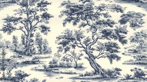 hyper realistic photo of  A classic toile de Jouy pattern in shades of blue and white, depicting pastoral scenes and intricate floral borders
