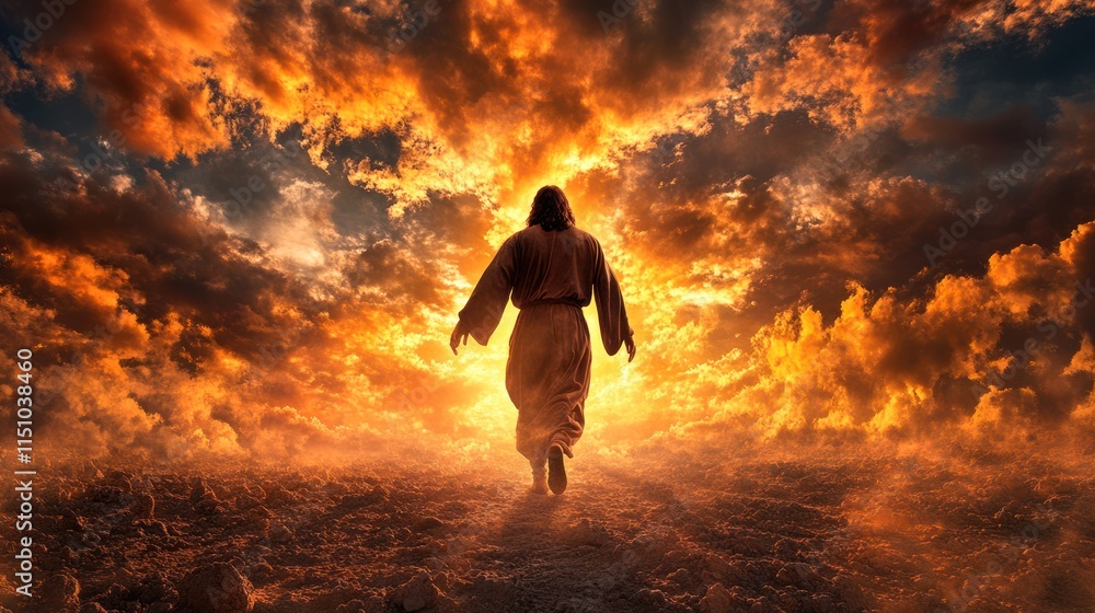 Fototapeta premium Solitary Walk of Jesus Christ on Ancient Path at Sunrise