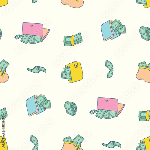 Wallet Money purse Vector Seamless Pattern illustration for Print, Wallpaper, Decoration.