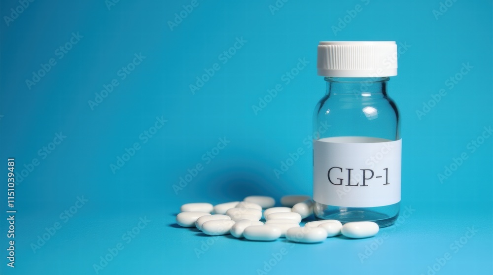 Medicine bottle labeled with GLP-1 on a blue laboratory background, medical research, pharmaceutical development, healthcare concept Medicine bottle labeled with GLP-1 on a blue laboratory background, medical research, pharmaceutical development, healthcare concept