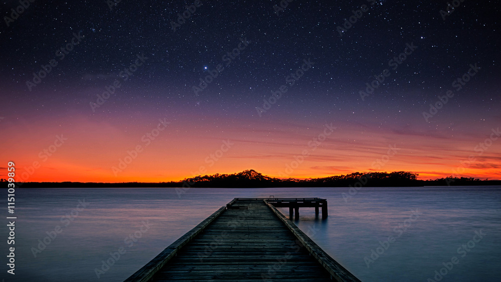 Wooden pier over the blue sea at sunset, dock wallpaper for desktop depicting clouds and starry night sky at dusk digital illustration for pc home screen Wooden pier over the blue sea at sunset, dock wallpaper for desktop depicting clouds and starry night sky at dusk digital illustration for pc home screen