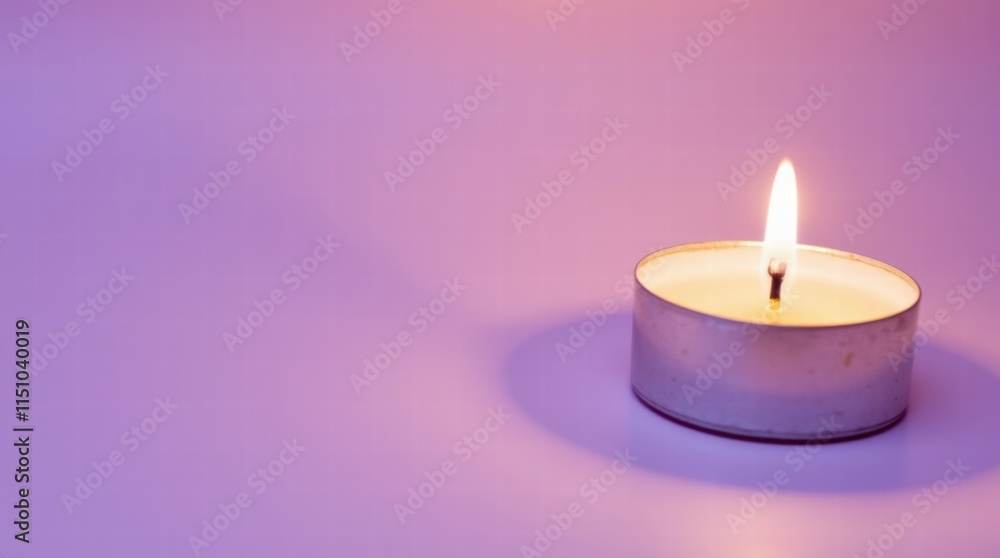 A single lit candle with a heart-shaped flame reflection on a pastel purple background A single lit candle with a heart-shaped flame reflection on a pastel purple background