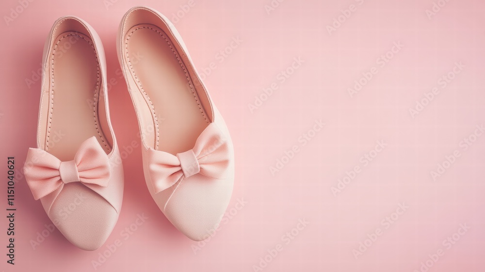 A pair of elegant ballet flats with a bow on a pastel pink background, ideal for fashion or boutique marketing A pair of elegant ballet flats with a bow on a pastel pink background, ideal for fashion or boutique marketing