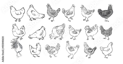 Set of chicken, hen, rooster outline sketch hand drawn isolated on white background illustration. Birds poultry farm animal collection on vintage style.