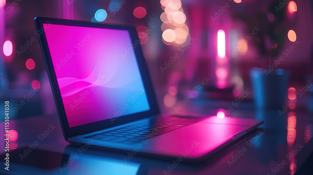 Stylish Laptop with Colorful Screen and Bokeh Background Stylish Laptop with Colorful Screen and Bokeh Background