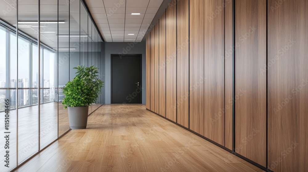 Obraz premium Modern office hallway with wood paneling, glass walls, and plant.