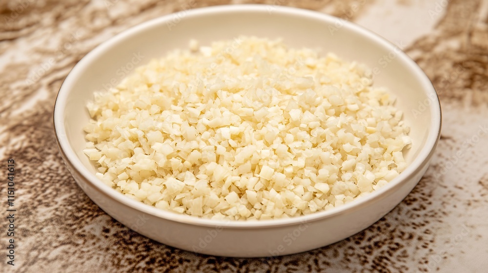 Very finely chopped onion lying in a frying pan, ready to be sautéed, with its delicate texture and fresh aroma filling the kitchen. The onion pieces are evenly distributed, showcasing their vibrant a Very finely chopped onion lying in a frying pan, ready to be sautéed, with its delicate texture and fresh aroma filling the kitchen. The onion pieces are evenly distributed, showcasing their vibrant a