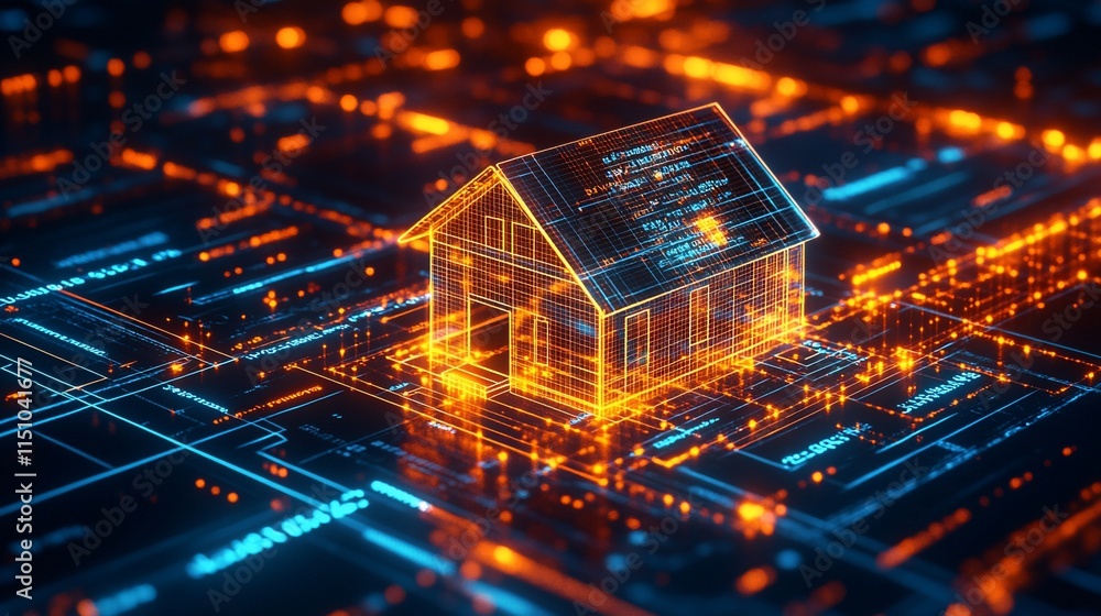 A digital representation of a house on a glowing circuit board background. A digital representation of a house on a glowing circuit board background.