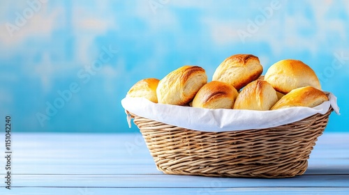 Baked bread in a basket on a blue background