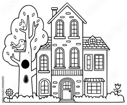 Cute house outline with fence, bird nests, gate, trees, flower garden and yard for colouring purposes.	