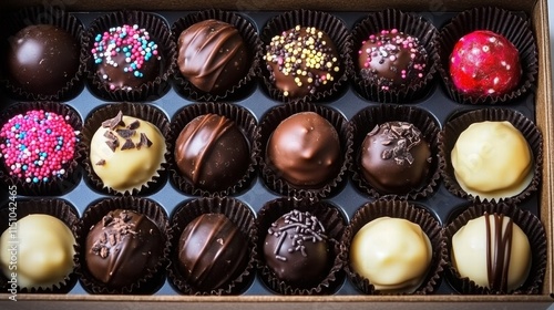 Box of assorted chocolate truffles with sprinkles and toppings