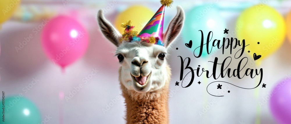 Fototapeta premium Happy Birthday Llama: Festive Alpaca with Party Hat and Balloons
