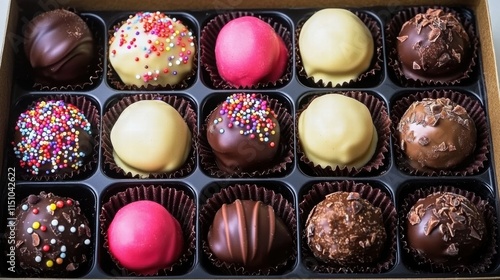 Box of assorted chocolate truffles with sprinkles and toppings