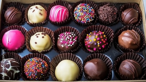 Box of assorted chocolate truffles with sprinkles and toppings