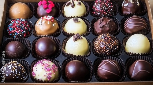 Box of assorted chocolate truffles with sprinkles and toppings