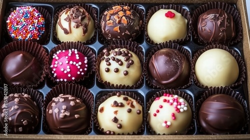 Box of assorted chocolate truffles with sprinkles and toppings