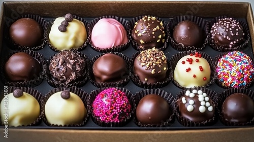 Box of assorted chocolate truffles with sprinkles and toppings