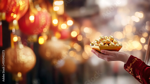 person holding bowl of gold coins with festive lanterns in background, creating joyful atmosphere photo