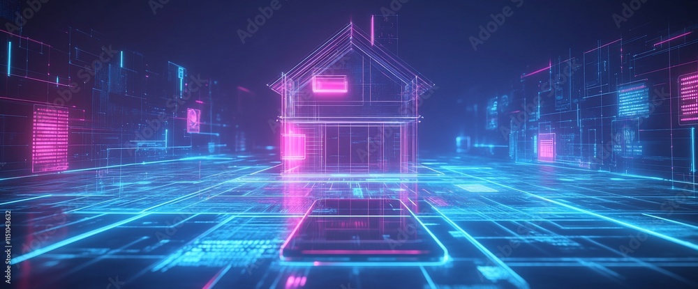 A futuristic digital representation of a house in a neon-lit environment. A futuristic digital representation of a house in a neon-lit environment.