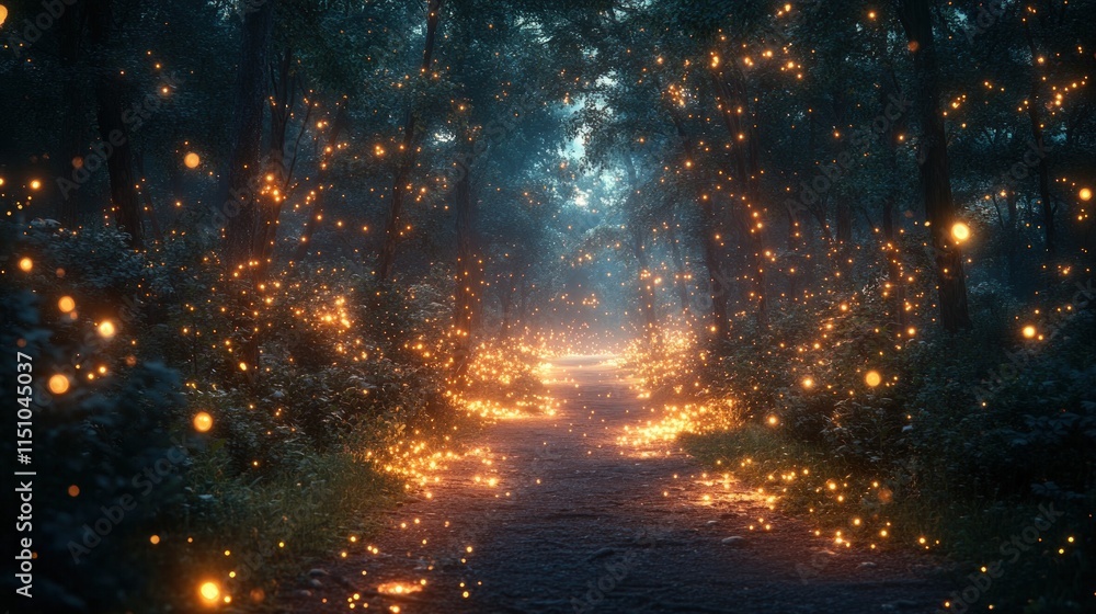 Enchanted forest path, glowing fireflies. Enchanted forest path, glowing fireflies.