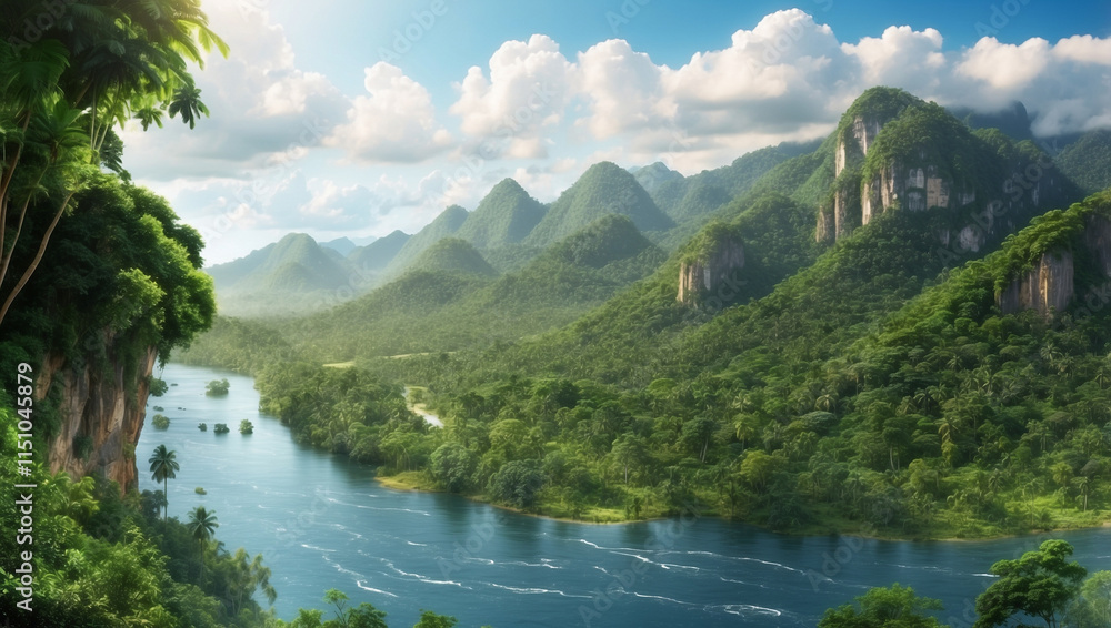 Vibrant Lush Rainforest and Rivers in Summer Rain Showcasing Nature's Beauty Vibrant Lush Rainforest and Rivers in Summer Rain Showcasing Nature's Beauty