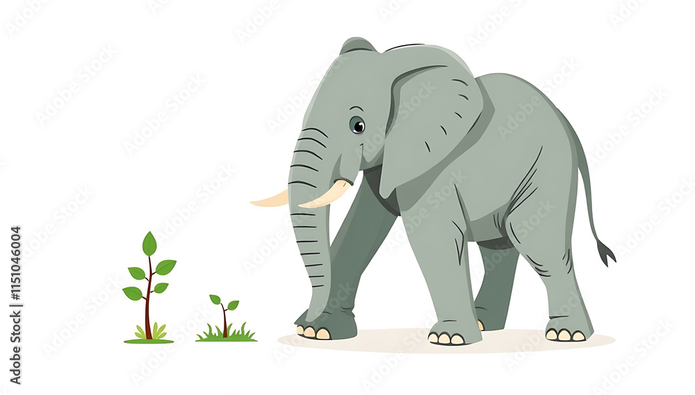Naklejka premium “Illustration on Wildlife Conservation” – A simple 2D illustration of an elephant with a small sapling, symbolizing wildlife protection and ecological balance, on a white background. 