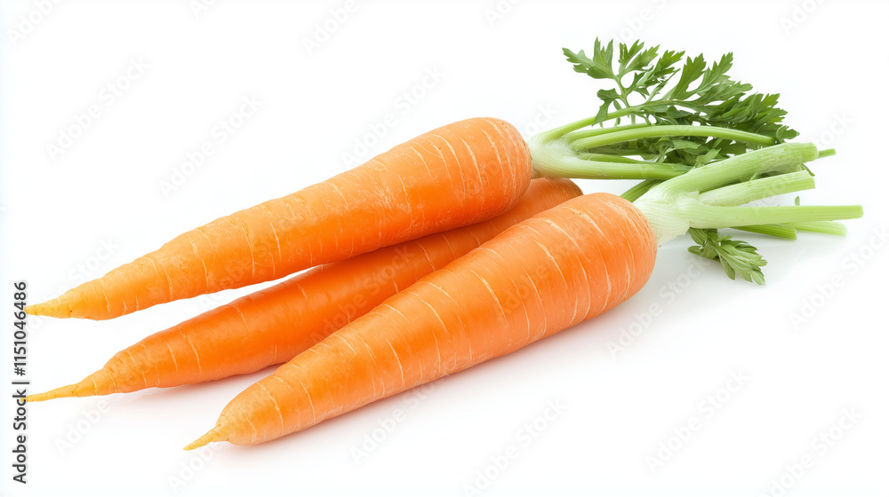 Fresh Carrots with Greenery: A cluster of vibrant orange carrots, still attached to their lush green tops, lies nestled together on a pristine surface. The image conveys freshness, health. Fresh Carrots with Greenery: A cluster of vibrant orange carrots, still attached to their lush green tops, lies nestled together on a pristine surface. The image conveys freshness, health.