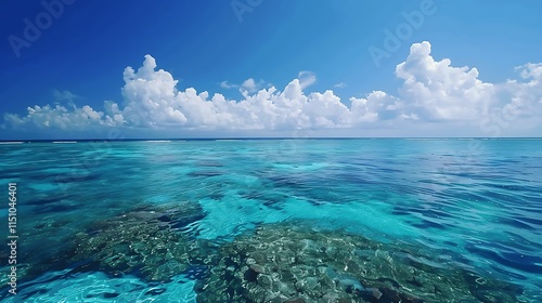 Tranquil Blue Ocean with White Fluffy Clouds