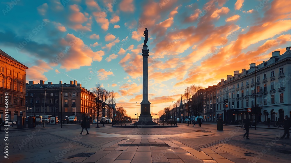 Naklejka premium Sunset over City Square with Monument and Clouds