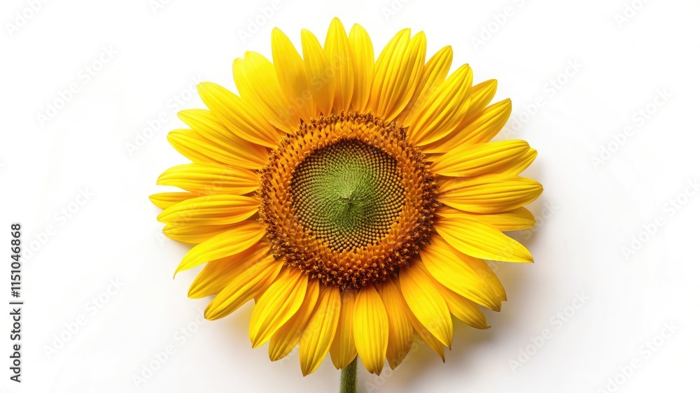 Single sunflower isolated on white background showcasing its bright yellow petals and green leaves Single sunflower isolated on white background showcasing its bright yellow petals and green leaves