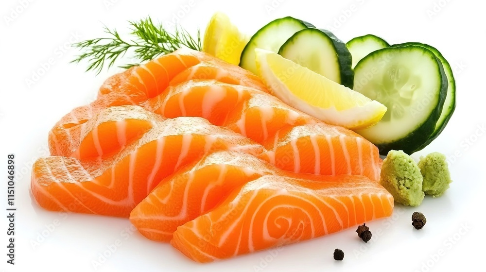 Very Thin Slices of Fresh Salmon Sashimi, Appetizing and Delicately Presented, Isolated on a White Background Very Thin Slices of Fresh Salmon Sashimi, Appetizing and Delicately Presented, Isolated on a White Background