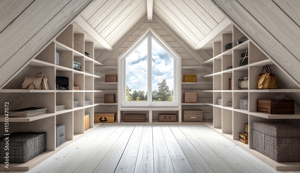 Fototapeta premium Cozy attic closet with built-in shelves, skylight, and Scandinavian-design decor.